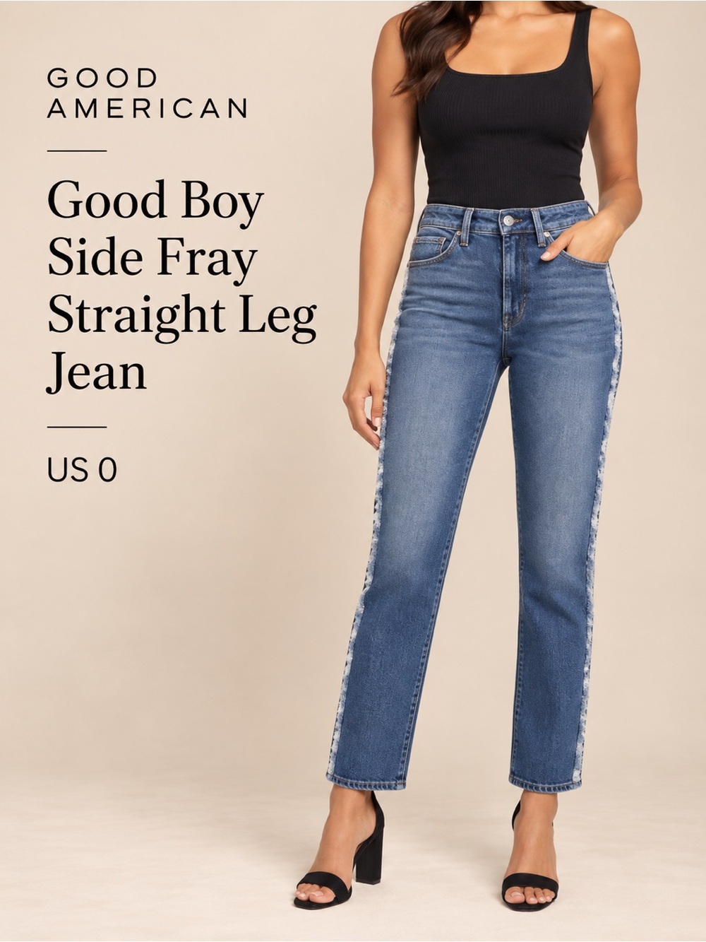 Good American Good Boy Side Fray High Rise Medium Wash Blue Straight Leg Jeans 0